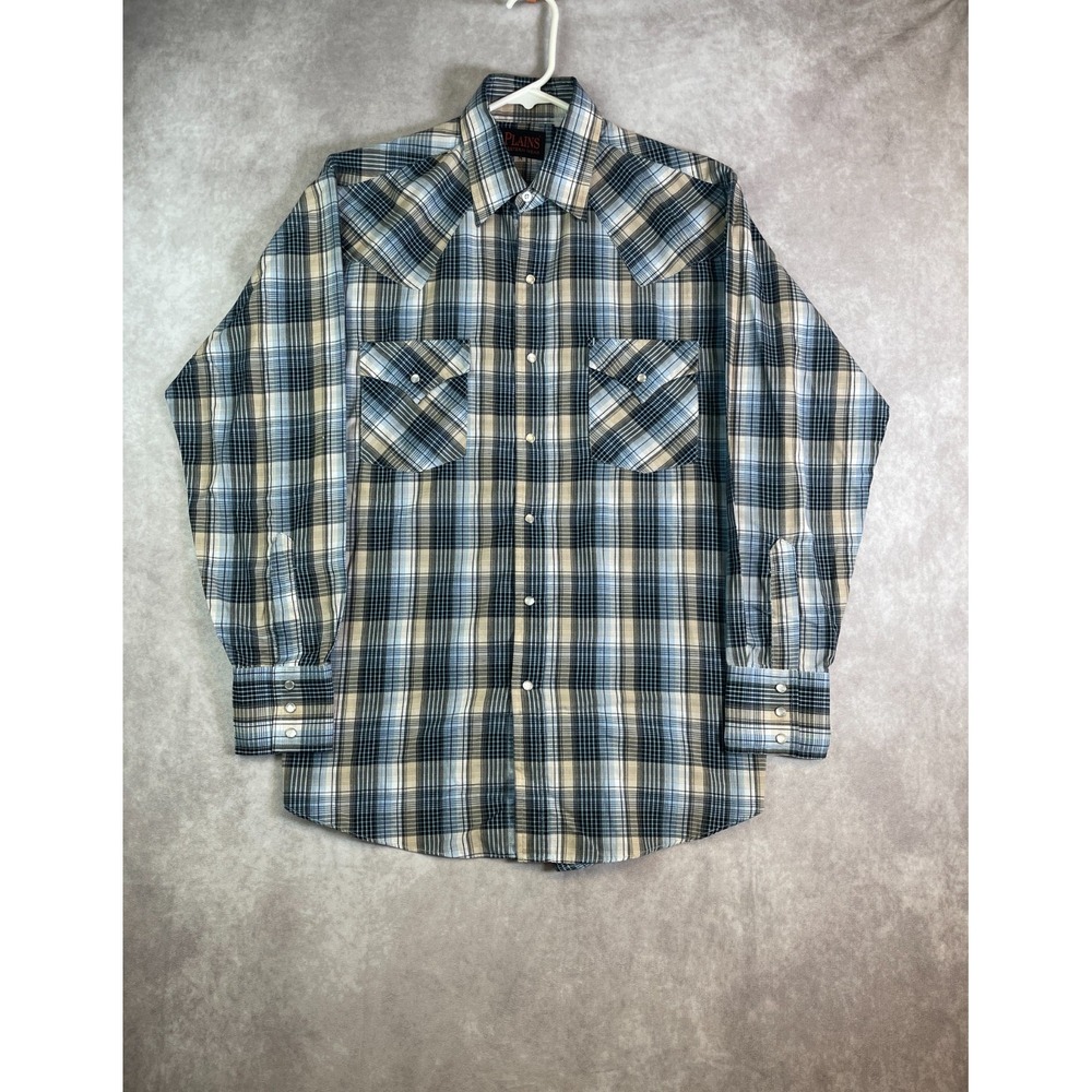 Plains Western Wear Shirt Mens Medium Blue Plaid Pearl Snaps Long Sleeve Cowboy